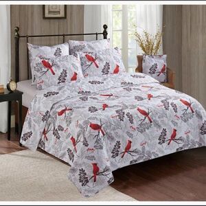 NEW! Red Cardinals Farmhouse Printed QUEEN Quilt Set with matching Tote Boho